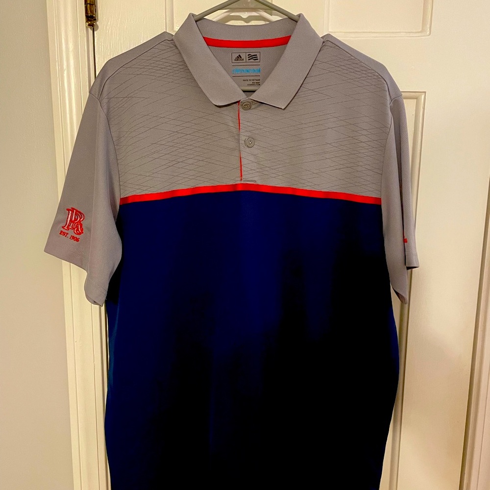 Adidas golf polo, grey, blue and red with country club logo